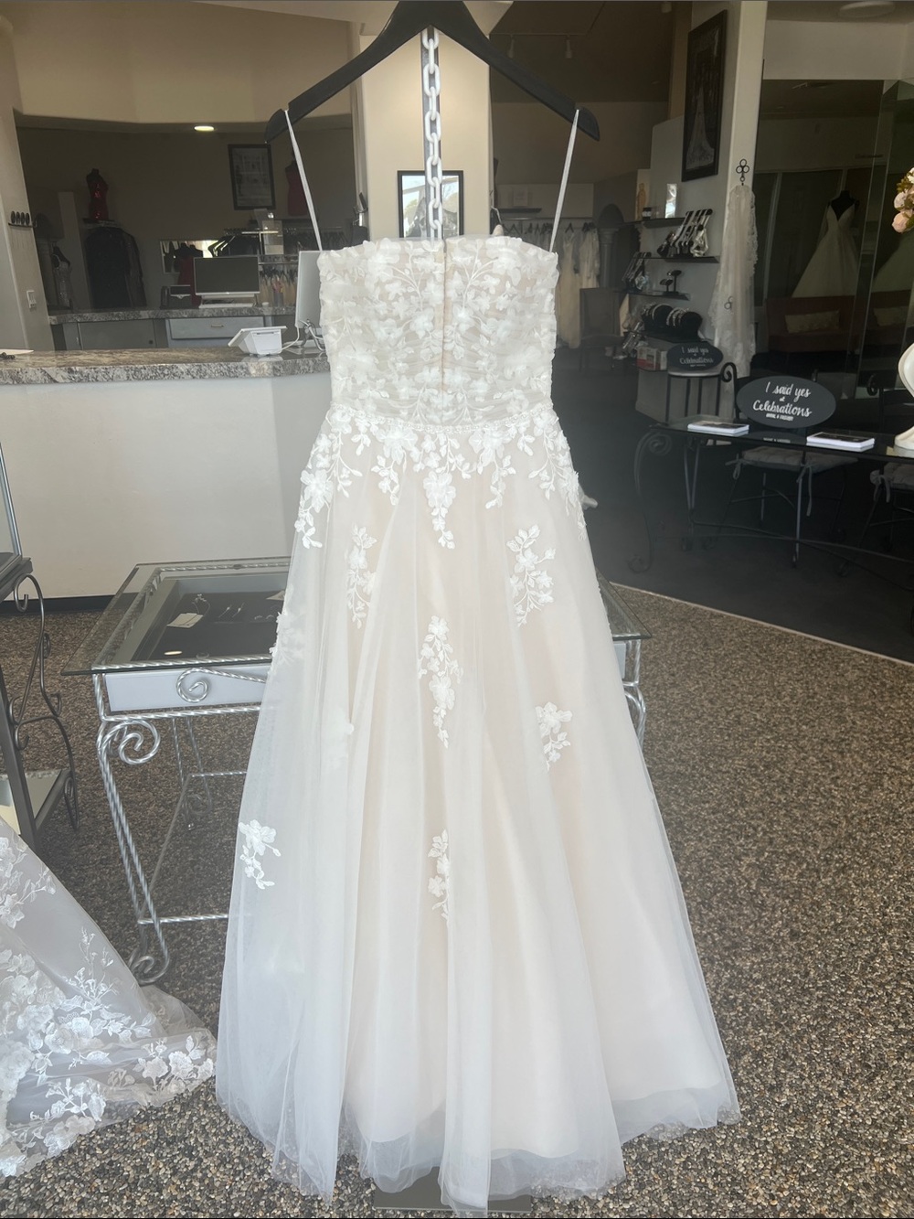 Strapless Floral Applique Tulle Gown